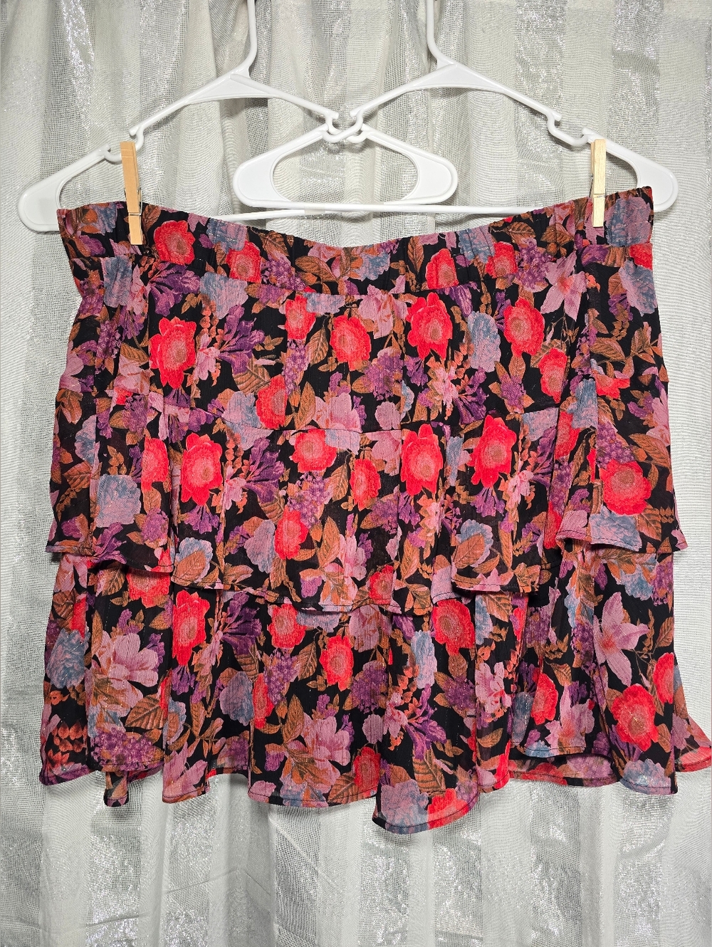 Torrid Tiered Floral Mini Skirt in Black with Red & Purple Blooms